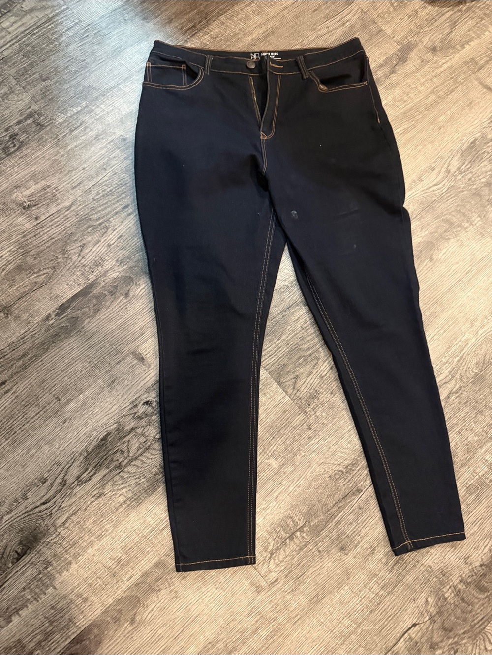 NOBO High Rise Skinny Jeans in Dark Blue with Tan Stitching